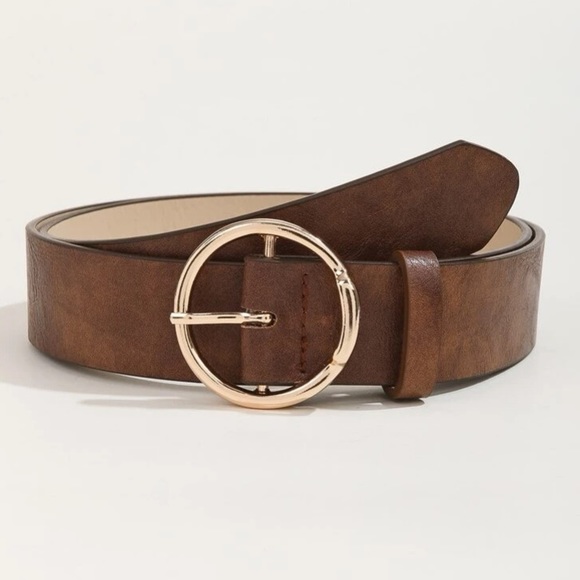 BELT BUNDLE: Brown Minimalist Buckle Belt & Khaki Round Buckle Belt w Hole Punch - Picture 2 of 7